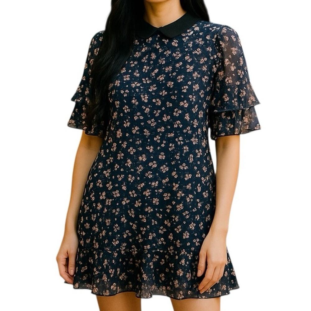 CeCe Luxe Midnight Bloom Dress NWT M | Dark Floral Romantic Ruffle Dress